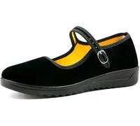 AioTio Updated Women's Velvet Mary Jane Shoes Black Cottton Old Beijing Cloth Flats Yoga Exercise Dance Shoes Simple Adjustment Buckle(7UK 255MM)