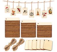 Aipaide 200 PCS Unfinished Blank Wood Squares Wooden Rectangle Gift Tags Wooden Blank Slices Tag With Hole and 2 PCS 2m Hemp Rope for Pyrography Painting Hanging Decorations (2” x 1.3”)
