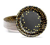 AIPartywar Party Paper Plates - 50-Pack Disposable Black and Gold, Foil Polka Dots, 7-Inch Dinner Plates for Graduation, Wedding, Birthday Parties