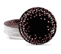 AIPartywar Party Paper Plates, 50-Pack Disposable Black and Rose Gold Plates, Foil Polka Dots, 9-Inch Dinner Plates for Graduation Wedding Birthday Party