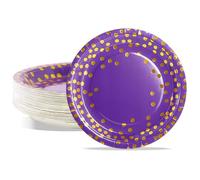 AIPartywar Party Paper Plates, 50-Pack Disposable Purple and Gold Plates, Foil Polka Dots, 7-Inch Dinner Plates for Graduation Wedding Birthday Party