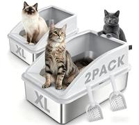 AIPERRO 2 Pack Stainless Steel Cat Litter Box with lid, Large Metal Litter Box High Sides for Big Cats & Multi-Cat, 100% Urine Leakproof, Non-Stick Odor Control, Ivory White
