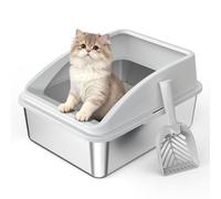 AIPERRO Stainless Steel Litter Box for Kitty | Metal Kitty Litter Box with Lid High Sided for Small Cats or Injured Cats, Bunny Litter Boxes, Low Entry, Odor-Free, Non-Stick,Includes Scoop