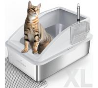 AIPERRO Stainless Steel XL Enclosed Cat Litter Box With Lid for Big Cats | High Sided, Anti-Urine Leakage | Non-Stick Bottom & Includes Mat & Metal Scoop