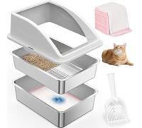 AIPERRO Stainless Steel XXL Sifting Cat Litter Box with Lid for Big Cats | High Sided, Anti-Urine Leakage | Non-Stick Bottom