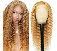 AiPliantfis Curly Wave Human Hair Wig #27 Honey Blonde 4x4 Real Hair Wig Women's Glueless Human Hair with Natural Hairline Free Part Bleached Knot Brazilian Remy Hair 22 Inches (56 cm)