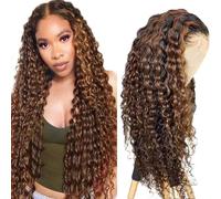 AiPliantfis Deep Wave Human Hair Wig, Brown Real Hair Wig, Women's 4 x 1 Lace Glueless Wig, Wear and Go P430 Highlight, Pre-Plucked, 150% Density, Unprocessed Remy Hair, 71 cm