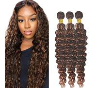 AiPliantfis Real Hair Wefts Human Hair Brown Human Hair Bundles Deep Wave Human Hair Extensions Real Hair Long Bundles P430 Double Weft Extensions Real Hair Bundles Sew-in Bundles 26 28 30 Inches