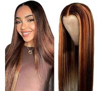 AiPliantfis Straight Human Hair Wig, Brown, 4x4 Real Hair Wig, Women's P430 Highlight, Glueless Human Hair with Natural Hairline, Free Part, Bleached Knots, Brazilian Remy Hair, 20 Inches (51 cm)