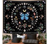 Aipon Blue Butterfly Moon Flower Tapestry Botanical Boho Plant Floral Tapestry for Bedroom Aesthetic Hippie Vintage Tapestries Wall Hanging for Living Room Dorm (44.00" x 60.00", Blue)
