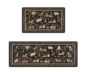 Aipon Cat Kitchen Rug Mats for Floor Cushioned Anti Fatigue Vintage Black Kitchen Rugs Sets of 2 Cute Mushroom Floral Botanical Non Slip Waterproof Memory Foam Standing Floor Mat for Laundry Sink