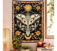 Aipon Moth Tapestry Orange Sun and Moon Flower Tapestries Retro Vintage Floral Mushroom Boho Plant Botanical Tapestry for Bedroom Moon Phase Indie Hippie Aesthetic apestry Wall Hanging Tapestry for