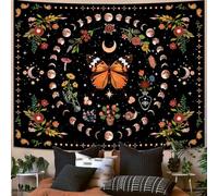 Aipon Orange Butterfly Moon Flower Tapestry Boho Floral Plant Botanical Tapestry for Bedroom Aesthetic Mandala Hippie Tapestries Wall Hanging Vintage Tapestry for Living Room Dorm (60.00'' × 80.00'',