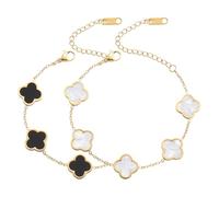 AIPPK 18K Gold Plated Clover Lucky Bracelet for Women White/Black/Red/Green Flower Four Leaf Link Bracelets Trendy Jewelry Gifts for Women, M, Stainless Steel, no gemstone