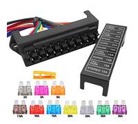 Aiqeer 10 Way Car Blade Fuse Box, 2 Input 10 Output Standard Blade Fuse Holder, Car Blade Fuse Block Pre-Wired, and 10 Pcs Free Standard Blade Fuses (12V / 24V / 32V / 48V Universal)