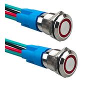 Aiqeer 2 Pcs 12 mm Momentary Push Button Switch, 12V / 24V 3A Car Ignition Starter Switch, IP66 Waterproof Stainless Steel Push Button Switch, with Pre-Wired Socket (Red LED)