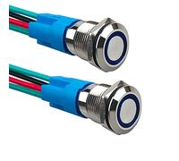 Aiqeer 2 Pcs 12 mm Momentary Push Button Switch, 12V / 24V 3A Car Ignition Starter Switch, IP66 Waterproof Stainless Steel Push Button Switch, with Pre-Wired Socket (Blue LED)