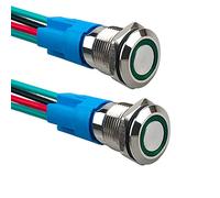 Aiqeer 2 Pcs 12 mm Momentary Push Button Switch, 12V / 24V 3A Car Ignition Starter Switch, IP66 Waterproof Stainless Steel Push Button Switch, with Pre-Wired Socket (Green LED)