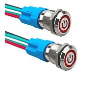 Aiqeer 2 Pcs 12 mm Self-locking Latching Push Button Switch, 12V / 24V 3A Car Ignition Starter Switch, IP66 Waterproof Stainless Steel Push Button Switch, with Pre-Wired Socket (Red LED)