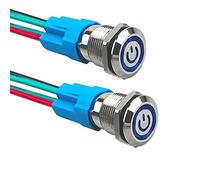 Aiqeer 2 Pcs 12 mm Self-locking Latching Push Button Switch, 12V / 24V 3A Car Ignition Starter Switch, IP66 Waterproof Stainless Steel Push Button Switch, with Pre-Wired Socket (Blue LED)