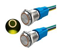 Aiqeer 2 Pcs 16 mm Momentary Push Button Switch, 12V / 24V 5A Car Ignition Starter Switch, IP67 Waterproof Stainless Steel Push Button Switch, with Pre-Wired Socket (Yellow LED)