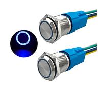 Aiqeer 2 Pcs 16 mm Momentary Push Button Switch, 12V / 24V 5A Car Ignition Starter Switch, IP67 Waterproof Stainless Steel Push Button Switch, with Pre-Wired Socket (Blue LED)