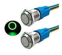 Aiqeer 2 Pcs 16 mm Momentary Push Button Switch, 12V / 24V 5A Car Ignition Starter Switch, IP67 Waterproof Stainless Steel Push Button Switch, with Pre-Wired Socket (Green LED)