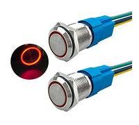 Aiqeer 2 Pcs 16 mm Momentary Push Button Switch, 12V / 24V 5A Car Ignition Starter Switch, IP67 Waterproof Stainless Steel Push Button Switch, with Pre-Wired Socket (Red LED)