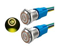 Aiqeer 2 Pcs 16 mm Self-Locking Latching Push Button Switch, 12V / 24V 5A Car Ignition Starter Switch, IP67 Waterproof Stainless Steel Push Button Switch, with Pre-Wired Socket (Yellow LED)