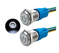 Aiqeer 2 Pcs 16 mm Self-locking Latching Push Button Switch, 12V / 24V 5A Car Ignition Starter Switch, IP67 Waterproof Stainless Steel Push Button Switch, with Pre-Wired Socket (White LED)