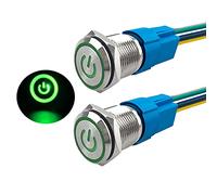 Aiqeer 2 Pcs 16 mm Self-Locking Latching Push Button Switch, 12V / 24V 5A Car Ignition Starter Switch, IP67 Waterproof Stainless Steel Push Button Switch, with Pre-Wired Socket (Green LED)
