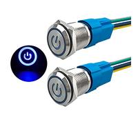 Aiqeer 2 Pcs 16 mm Self-locking Latching Push Button Switch, 12V / 24V 5A Car Ignition Starter Switch, IP67 Waterproof Stainless Steel Push Button Switch, with Pre-Wired Socket (Blue LED)