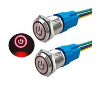 Aiqeer 2 Pcs 16 mm Self-locking Latching Push Button Switch, 12V / 24V 5A Car Ignition Starter Switch, IP67 Waterproof Stainless Steel Push Button Switch, with Pre-Wired Socket (Red LED)