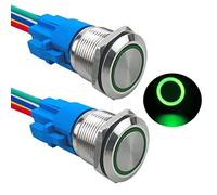 Aiqeer 2 Pcs 19 mm Momentary Push Button Switch, 12V / 24V 5A Car Ignition Starter Switch, IP67 Waterproof Stainless Steel Push Button Switch, with Pre-Wired Socket (Green LED)