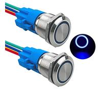 Aiqeer 2 Pcs 19 mm Momentary Push Button Switch, 12V / 24V 5A Car Ignition Starter Switch, IP67 Waterproof Stainless Steel Push Button Switch, with Pre-Wired Socket (Blue LED)