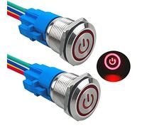 Aiqeer 2 Pcs 19 mm Self-locking Latching Push Button Switch, 12V / 24V 5A Car Ignition Starter Switch, IP67 Waterproof Stainless Steel Push Button Switch, with Pre-Wired Socket (Red LED)