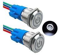 Aiqeer 2 Pcs 19 mm Self-locking Latching Push Button Switch, 12V / 24V 5A Car Ignition Starter Switch, IP67 Waterproof Stainless Steel Push Button Switch, with Pre-Wired Socket (White LED)