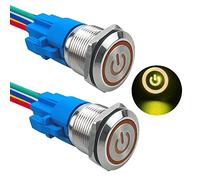 Aiqeer 2 Pcs 19 mm Self-locking Latching Push Button Switch, 12V / 24V 5A Car Ignition Starter Switch, IP67 Waterproof Stainless Steel Push Button Switch, with Pre-Wired Socket (Yellow LED)