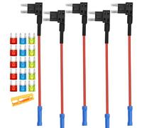 Aiqeer 5 Pieces 12V / 24V Small Piggy Back Fuse Holders, Car Add-a-Circuit Fuse Tap with Wire Harness, Free 15 Pieces Mini Blade Fuses and Puller (Crimp Terminal)