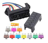 Aiqeer 6 Way Car Blade Fuse Box, 2 Input 6 Output Standard Blade Fuse Holder, Car Blade Fuse Block with Pre-Wired, and 10 Pcs Free Standard Blade Fuses (12V / 24V / 32V / 48V Universal)