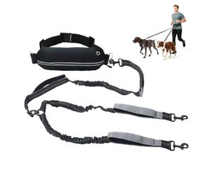 AiQInu Hands Free Double Dog Leash with Waist Bag 82.7" Max Length Lumbar Support Dual Belt for Medium Large 2 Dogs Bungee Shock Absorption Traffic Handles Walking Cord for Jogging/Hiking/Training