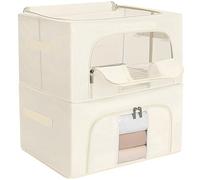 AiQInu Pack of 2 24L Stackable Storage Boxes with Zips, Metal Frame, Clear Window, Oxford Fabric, Protects Against Moisture, Dust, for Clothes, Bedding, Duvets - 40 x 30 x 20 cm