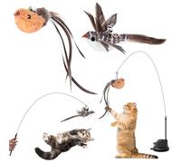 AiQInu Pack of 4 Interactive Cat Toy, Suction Cup, 1 Cat Fishing Rod with 2 Bells Birds, Intelligence Toy for Cats, Wand