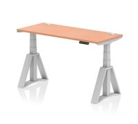 Air 1400 x 600mm Height Adjustable Office Desk Beech Top Cable Ports Silver Leg with Piste Foot