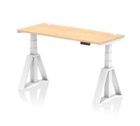 Air 1400 x 600mm Height Adjustable Office Desk Maple Top Cable Ports White Leg with Piste Foot