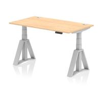 Air 1400 x 800mm Height Adjustable Office Desk Maple Top Cable Ports Silver Leg with Piste Foot