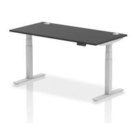 Air 1600 x 800mm Height Adjustable Office Desk Black Top Cable Ports Silver Leg