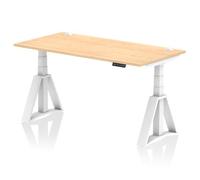 Air 1600 x 800mm Height Adjustable Office Desk Maple Top Cable Ports White Leg with Piste Foot