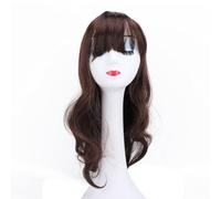 Air Bangs Wig Long Curly Wavy High Temperature Synthetic Hair With Adjustable Size For Women Party Daily Wear Dark Brown