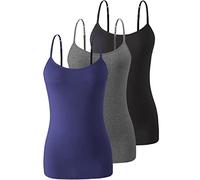 Air Curvey 3 Pack Camisole Tops for Women Built in Bra Adjustable Strap Soft Cotton Undershirt Tanks Seamless Layering Tops, 3-black Darkgray Navy, L